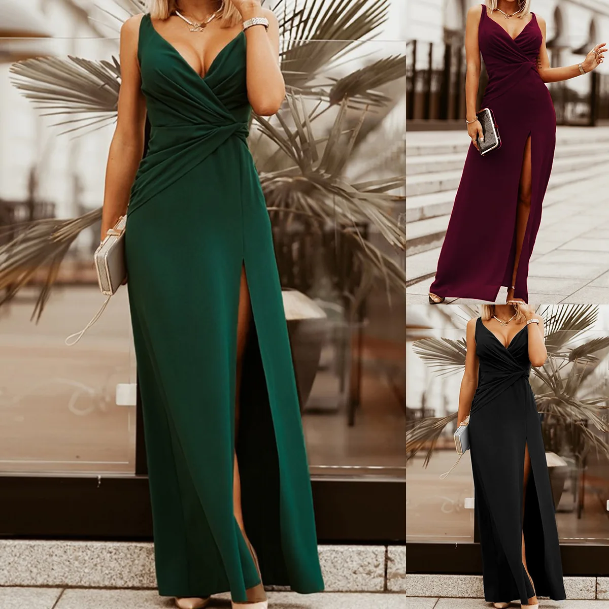 

2023 New Sexy Women Long Party Dress Black Green Spaghetti Strap Backless Slim Prom Dresses Split Elegant Cocktail Evening Gowns