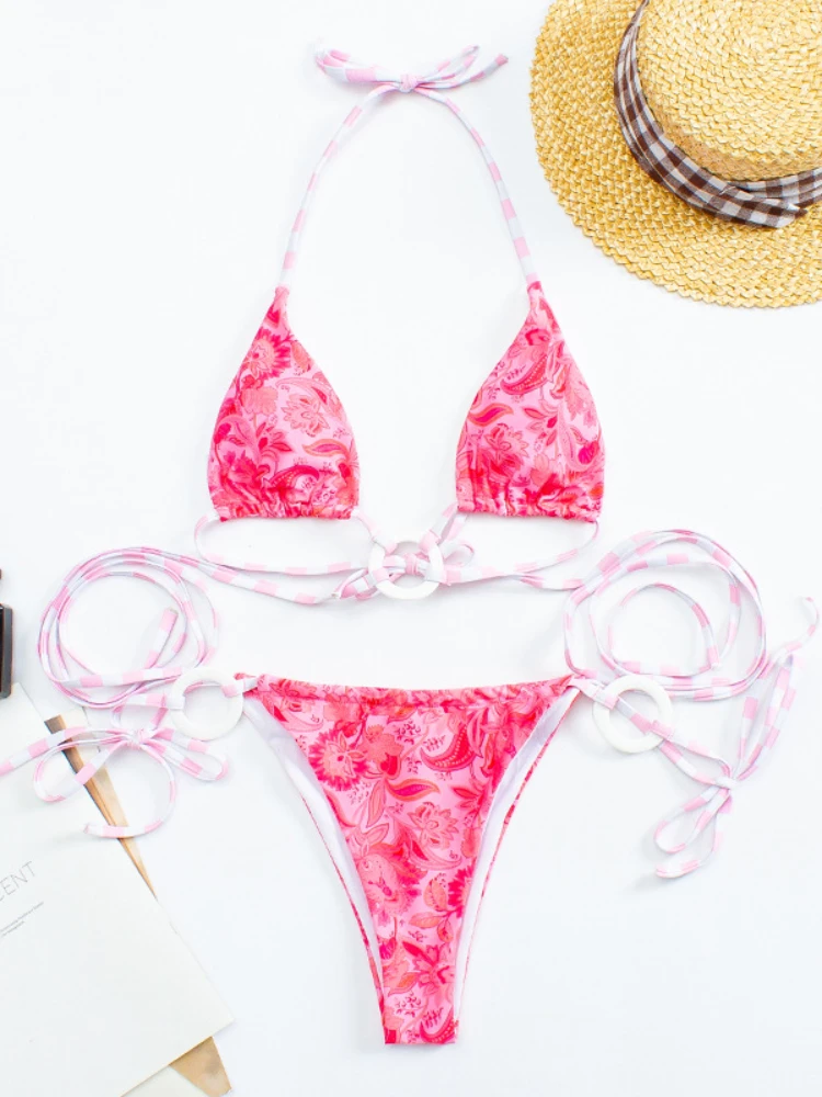 2022 бразильский розовый купальник с принтом треугольный комплект микро-бикини