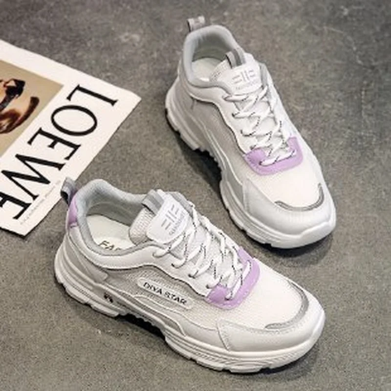 

Women's Sports Shoes Fashion Women's Sneakers 2021 Round Head Mesh Lace Up Low Top Women's Breathable Daddy Shoes Soled Shoes