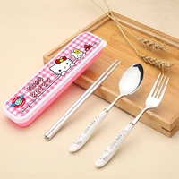 sanriod anime peripheral kitty stainless steel portable spoon chopsticks fork three piece set childrens cutlery with box