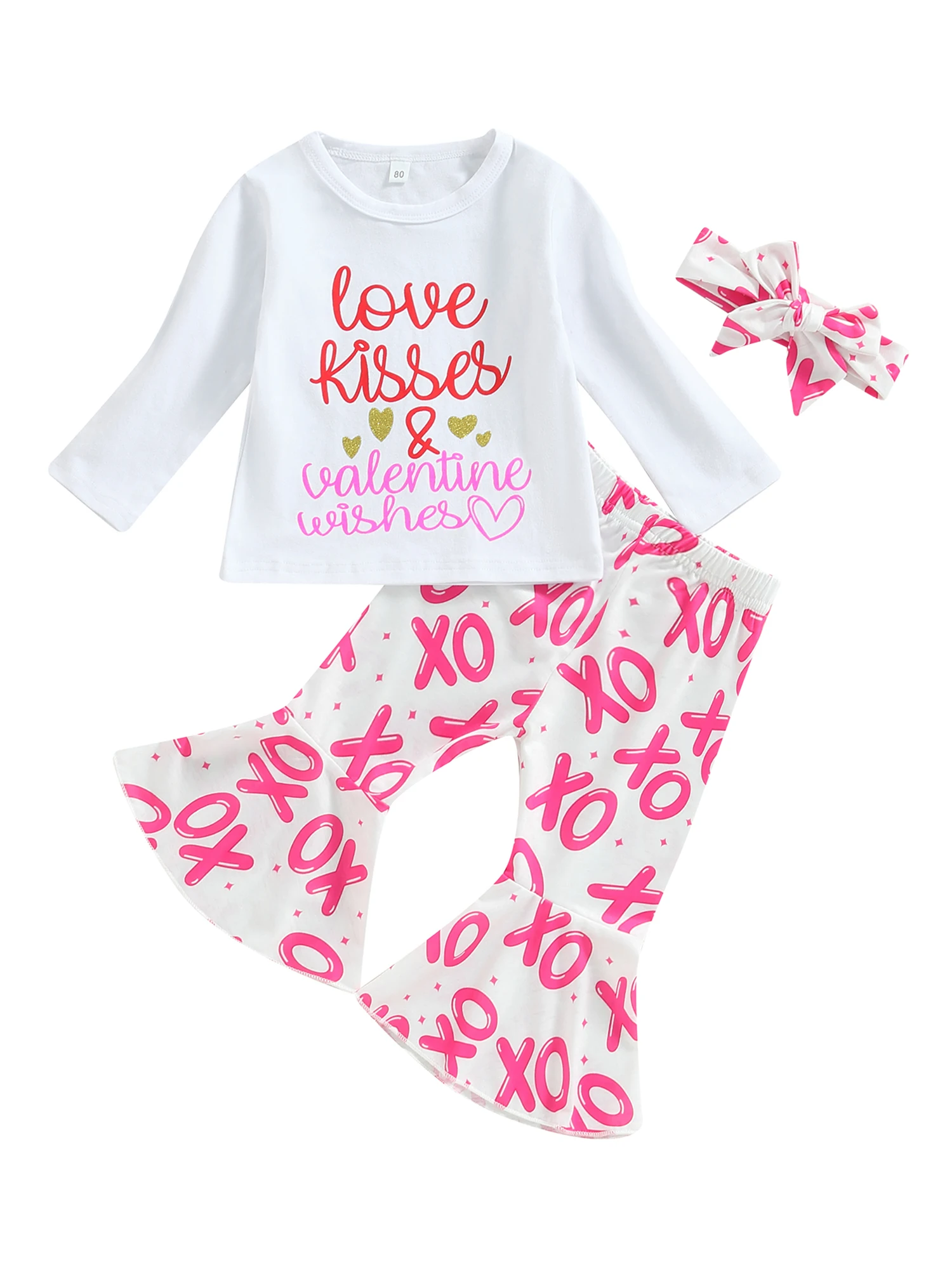 

Наряды для девочек на День святого Валентина 2019 года, топы с длинным рукавом и буквенным принтом, расклешенные брюки, комплект с повязкой на голову