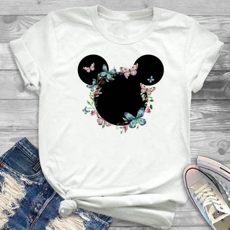 

Minnie Mouse Flower Floral Printed T Shirt Women 90s Vintage Harajuku Disney Tops White Short Sleeve Woman T-shirt Streetwear