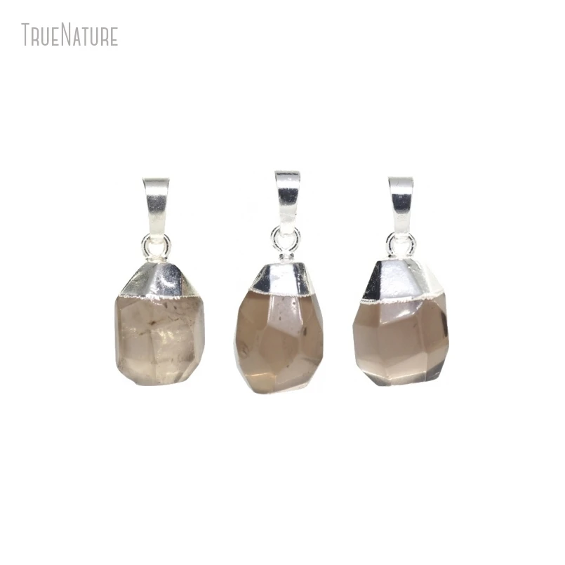 

10Pcs Wholesale Jewelry Chunky Teardrop Drop Shape Faceted Silver Color Smoky Crystal Pendant
