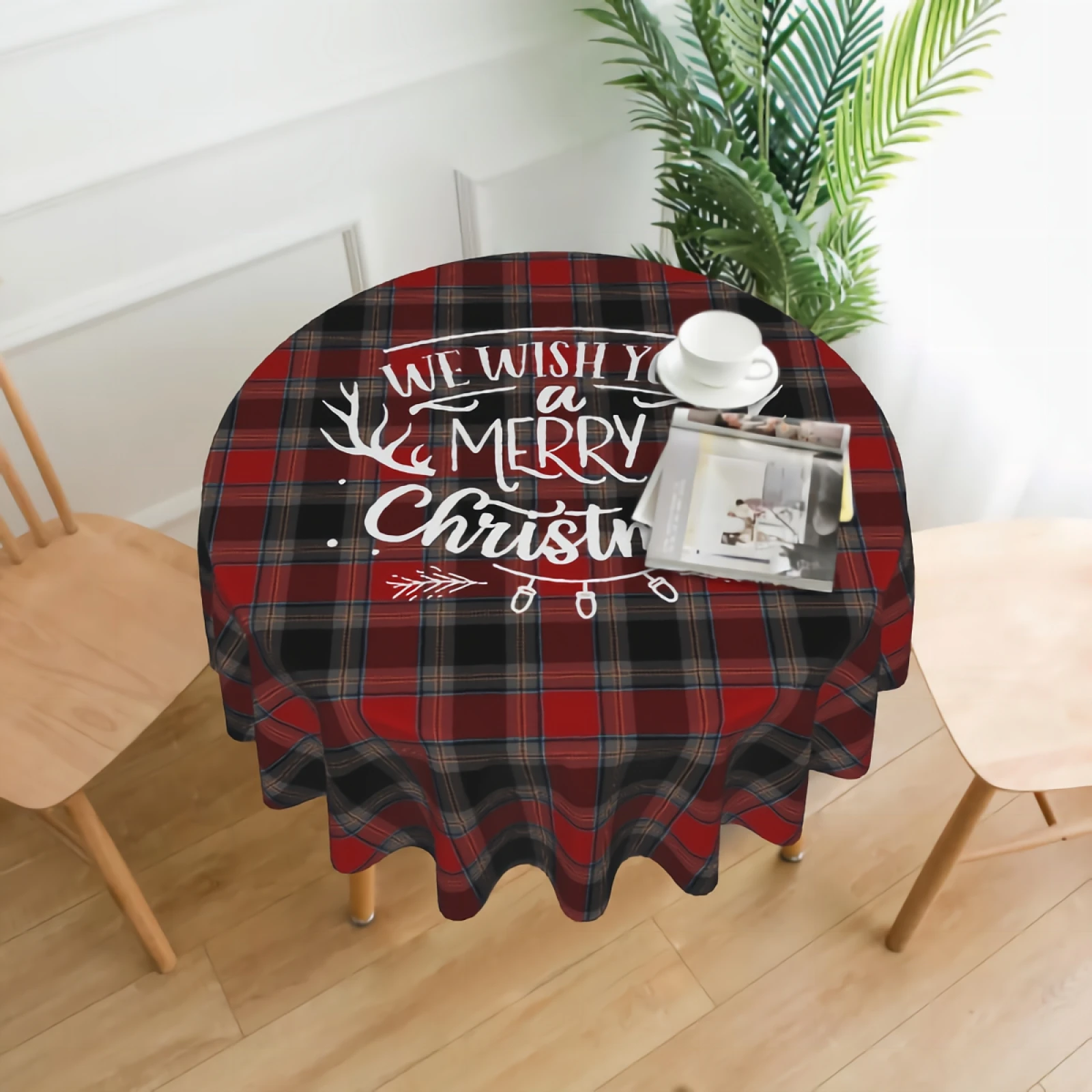 

Red,Gray And Black Tartan Plaid We Wish You A Merry Christmas White Round Table Cloth - Waterproof, Resistant And Table Cover
