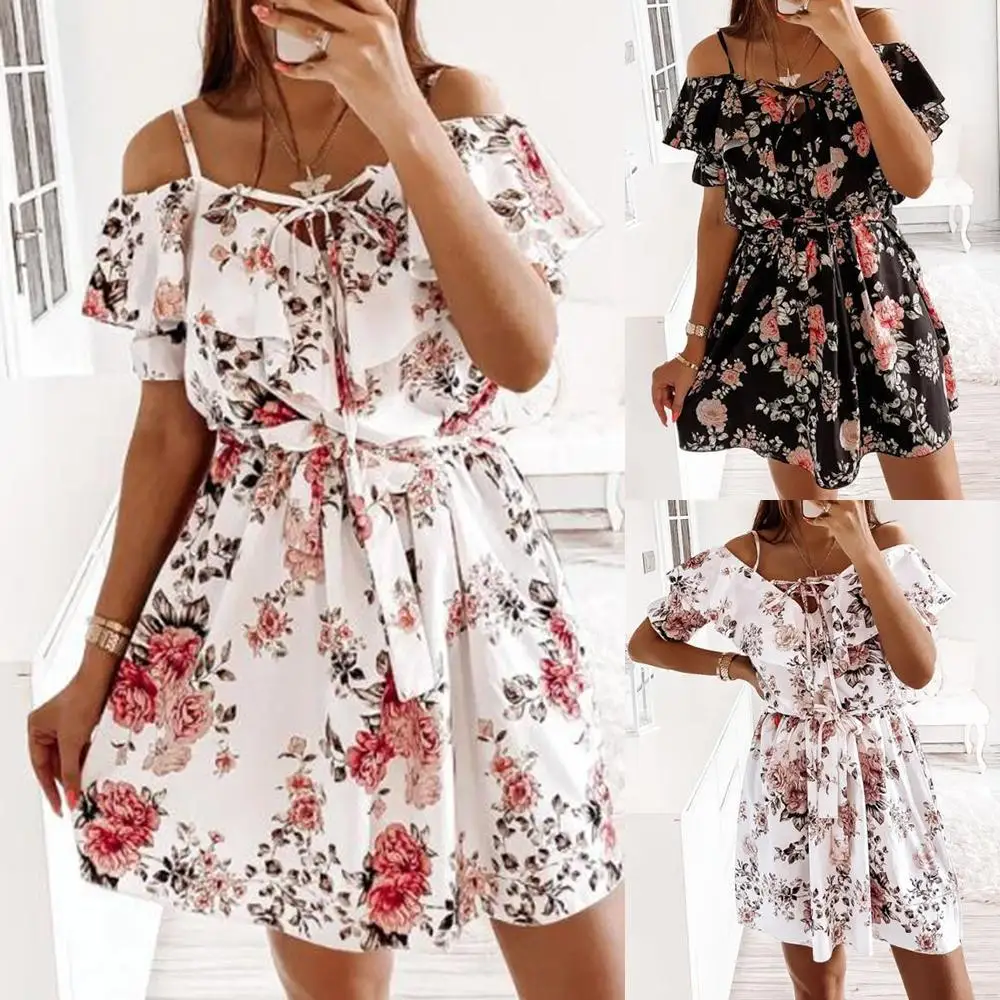 

Summer Sexy Spaghetti Strap Floral Print Mini Dress Woman Sweet Girl Wear Casual Slash Neck Lace-Up Ruffles Dresses Party Dress