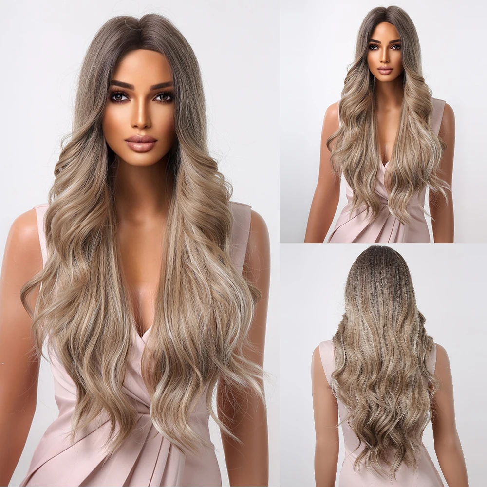 

Long Wavy Synthetic Wig Middle Part Mixed Light Ash Brown Ombre Hair Wig for Black Women Afro Heat Resistant Female Cosplay