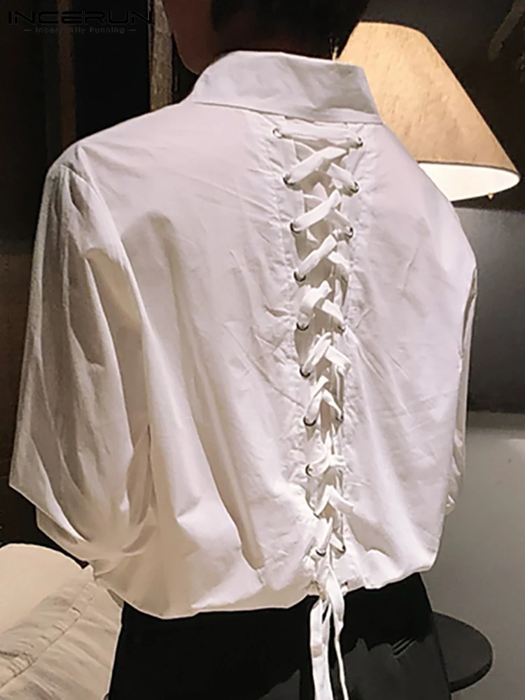 

INCERUN Fashion Men Casual Shirt Lapel Long Sleeve Streetwear 2022 Camisas Lace Up Back Solid Color Leisure Men Clothing S-5XL
