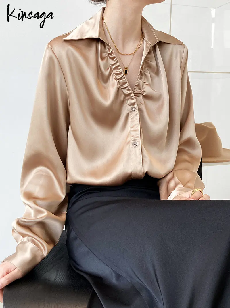 

Women French Ruched V Neck Champaign Gold Acetic Satin Blouse Minimalism Elegant Lady Turn Down Collar Button Up White Shirts
