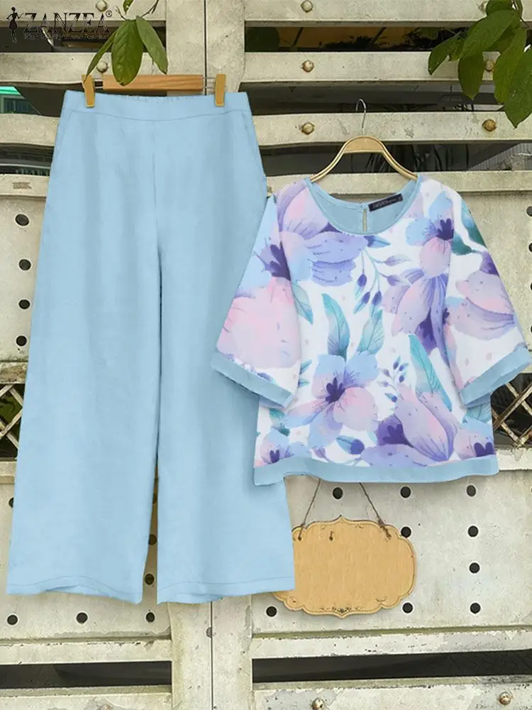 Женский брючный костюм ZANZEA из 2 предметов осенний спортивный блузка с рукавом 3/4