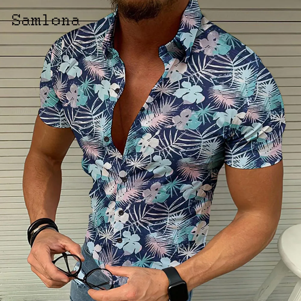 Plus Size Men Elegant Shirts Blouse 2023 Summer Boho Flower Print Tops Short Sleeve Casual Beach Shirt blusas Sexy Mens Clothing