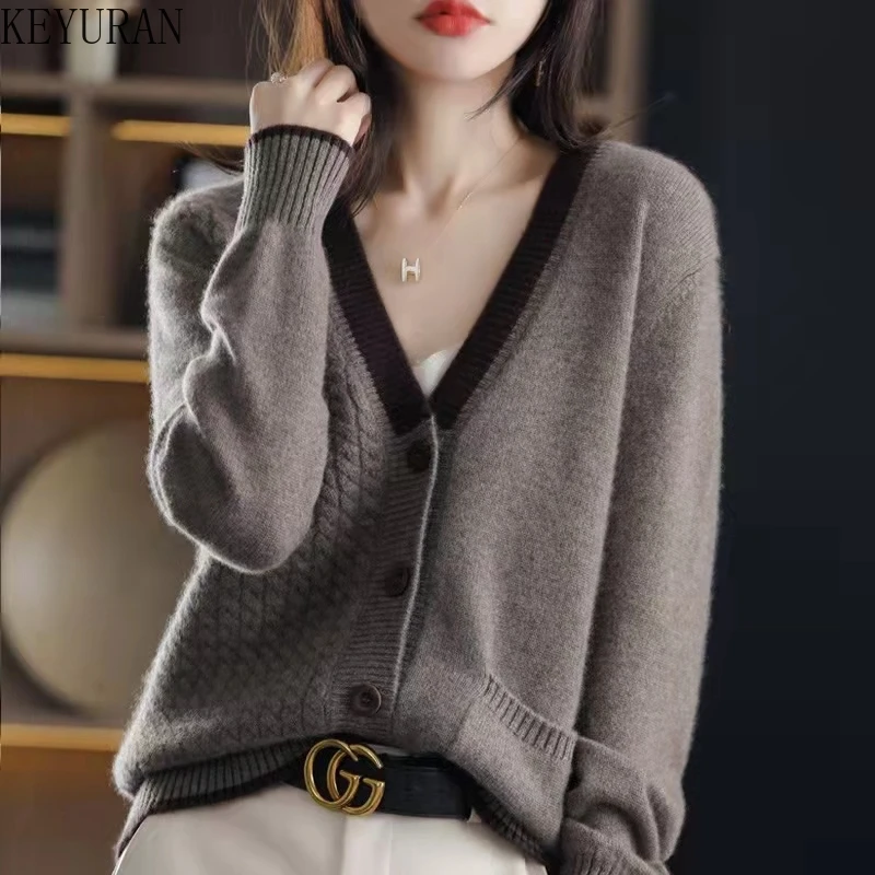 

2022 Spring Autumn Knit Cardigan Women's Large Size Loose V-neck Long Sleeve Korean Lazy Wind Outer Cardigans Sweater Jacket