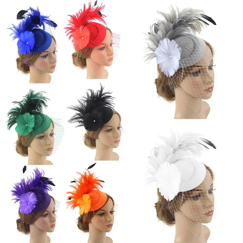 

Vintage Clip Veil Women Party Headwear Fascinators Flower Hats Bridal Wedding Headband Mesh Feather