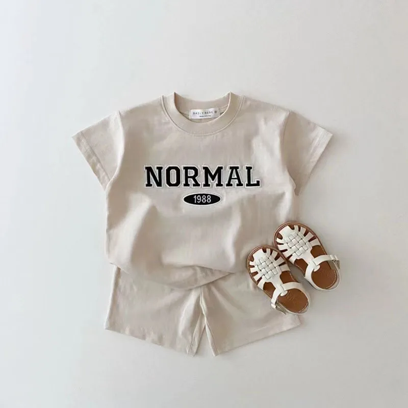 

Melario Toddler Baby Summer Clothes Sets Boy Girl Korea Embroidered Letters Cotton Short Sleeve T-shirt+Kids Casual Shorts Khaki