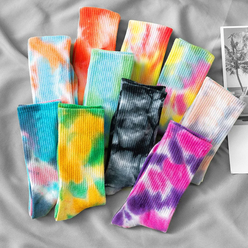 

50Pairs Wholesale Men's Tie Dyed Tube Socks Spring Autumn And Winter Street Trend Tide Women Men Colorful Cotton Skateboard Sock