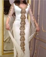 long sleeve straight evening dress kaftan white formal party gown gold appliques crystals beaded arabic dubai maxi prom dresses