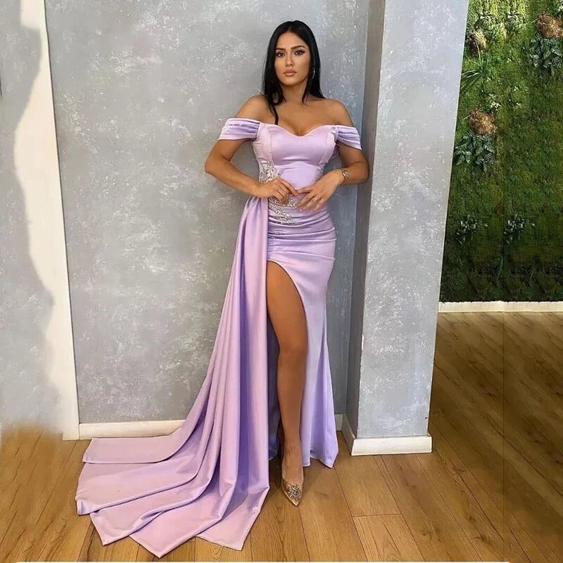 

BeryLove Purple Pleats Lace Formal Evening Dress Off The Shoulder Saudi Arabia Prom Dresses Side Split Dubai Celebrity Dresses
