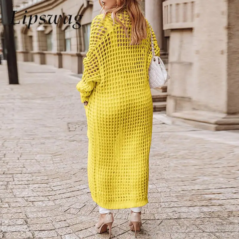 

Early Autumn Elegant Long Sleeve Knitted Cardigan Casual Hollow Net Pocket Women Sweater Coats Office Lady Fashion Solid Outwear