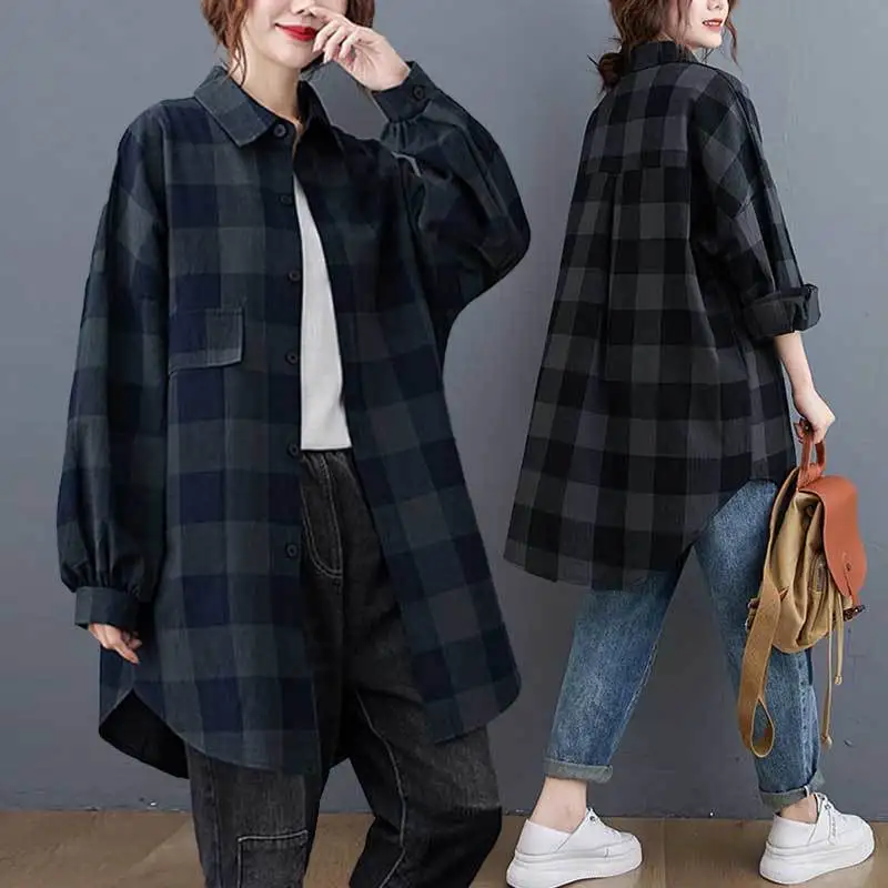 

2023 New Ladies Loose Casual Blouse and Tops Casual Stylish Women's Plaid Shirt Female Long Sleeve Shirts Women Clothes T301