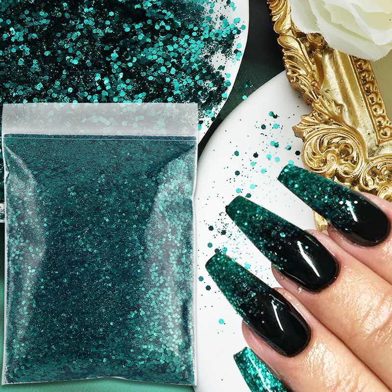 

50 г синий зеленый смешанный шестиугольник Блестящий Порошок для ногтей украшения для дизайна ногтей яшма зеленые блестки Рождественский б...