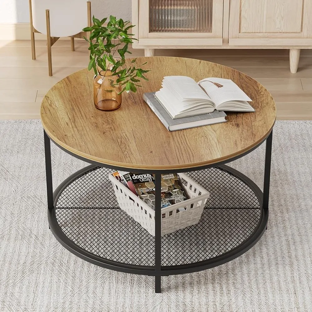 

31.5" Round Coffee Table Walnut Wood Grain, Industrial 2-Tier Circle Coffee Tables with Storage Open Shelf