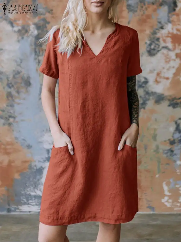 

2023 ZANZEA Vintage Cotton Dress For Women Causal Work Robes Femme Summer Work OL Vestidos Fashion V-Neck Short Sleeve Sundress
