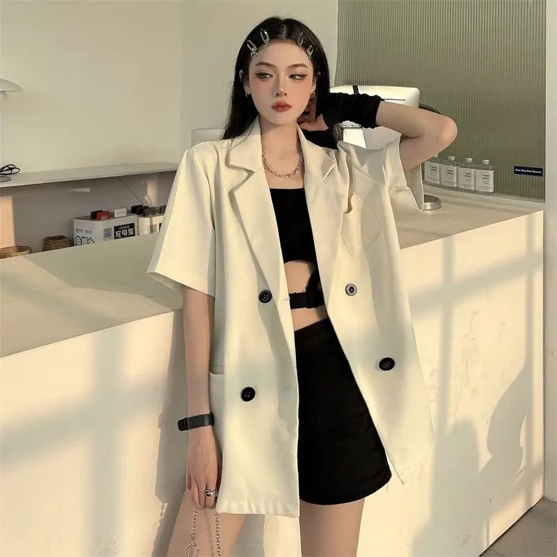 Blazers Women Short Sleeve Fashion Leisure All-match Solid Double Breasted Summer Simple Chic Mujer Clothing Daily Korean Style