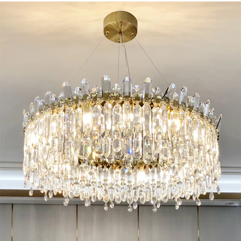 

Led Art Chandelier Pendant Lamp Light Room Decor Luxury Living Modern E14 Lustre Round Shiny Gold Metal Hanging Quality K9Cystal