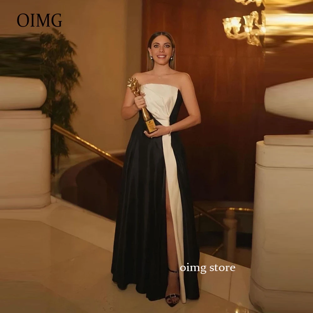 

OIMG Simple Black And White Long Celebrity Evening Dresses Strapless Split Floor Length Women Formal Prom Party Dress Gown