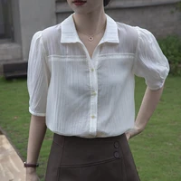 qoerlin elegant womens fashion blouses 2022 summer short sleeve single breasted tops shirts high quality buttons blouses female