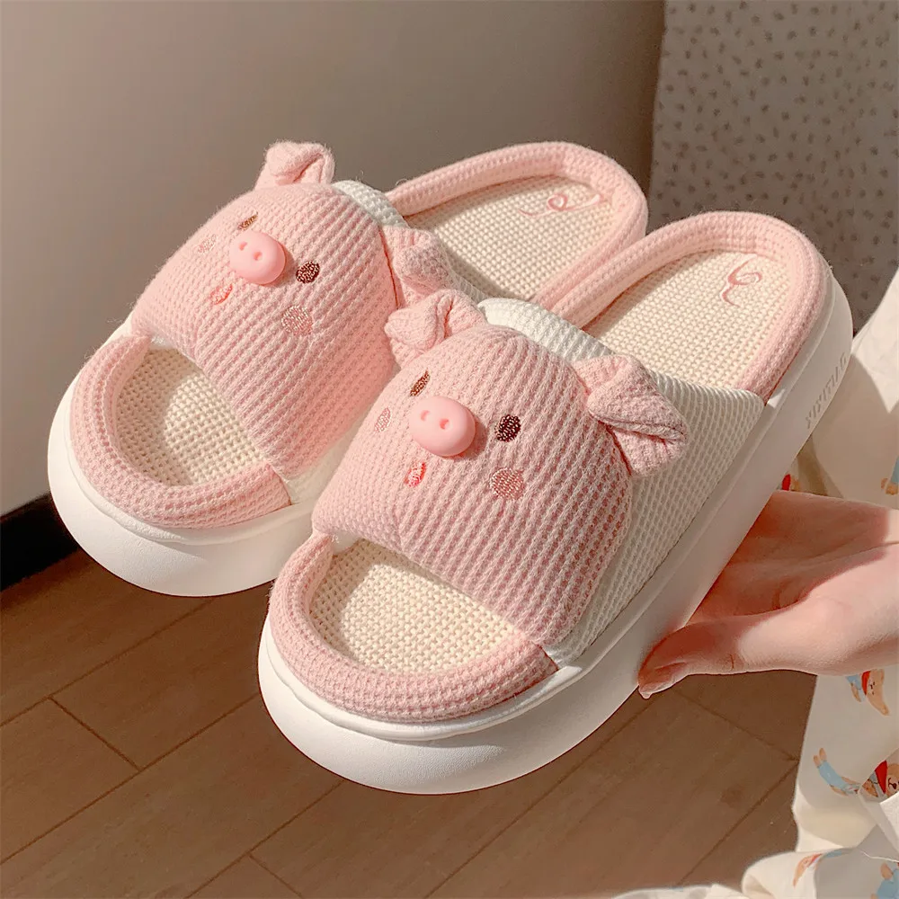 Hemp Women Slippers Cute Pink Piglet Modeling Design  Home Cotton Flax Ladies Casual Shoes Non-slip Bedroom Woman Slides Shoes