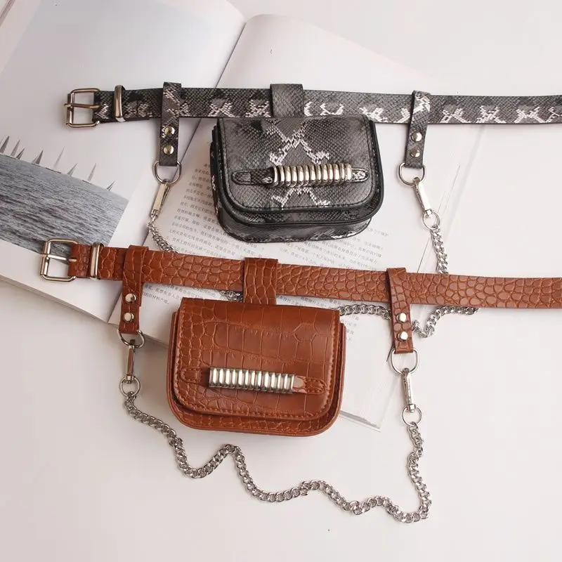 New European And American Fashion Square Snake Pattern Women's Waist Bag Belt Metal Chain Decoration Mobile Phone Bag For Women