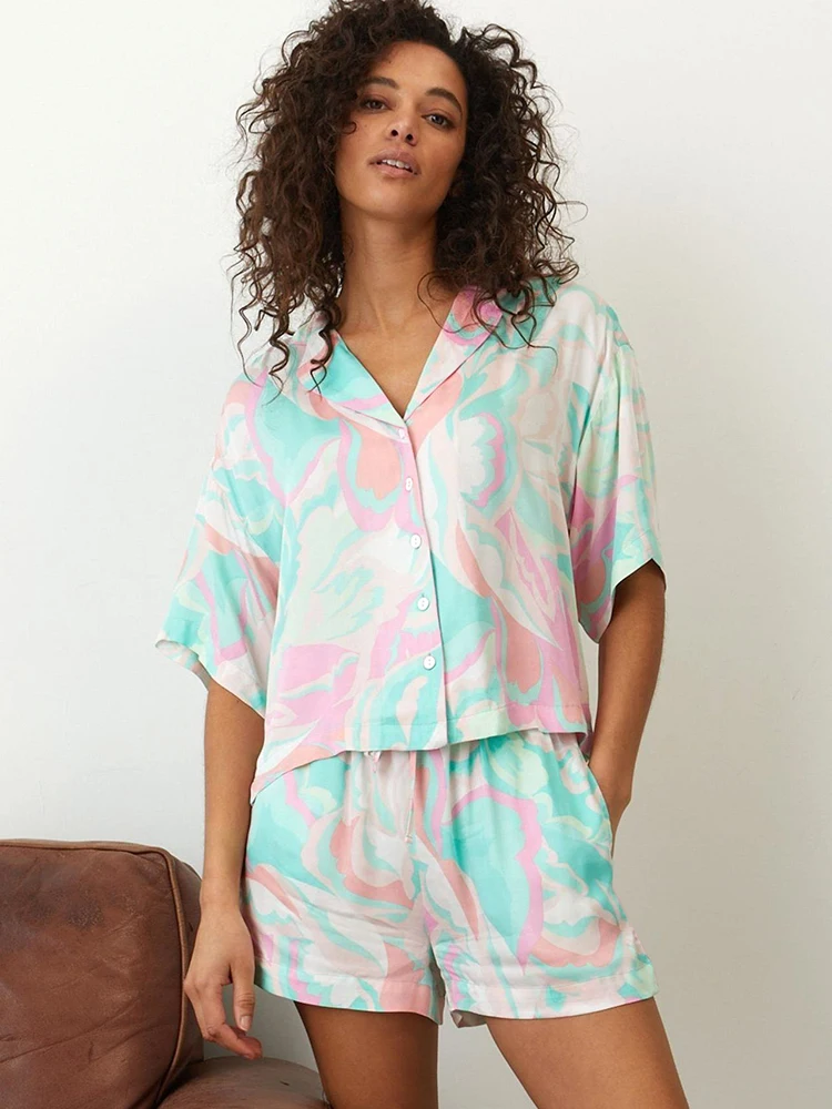 

Linad Print Women's Home Clothes 2 Piece Sets Loose Short Sleeve Sleepwear Female Casual Suits With Shorts 2023 Summer Pajamas