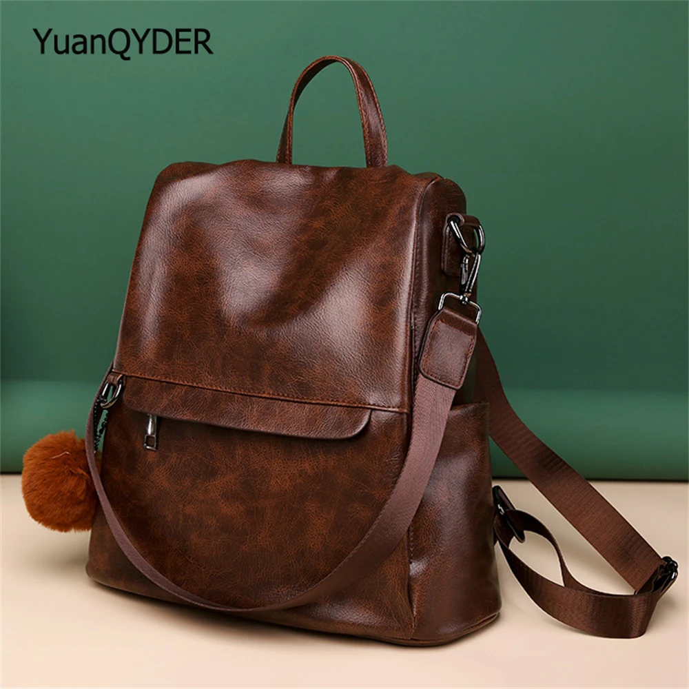 

Fashion Pendant Design Ladies Backpack Multifunctional High Quality Leather Women's Anti Theft Backpack Solid Color Shoulder Bag