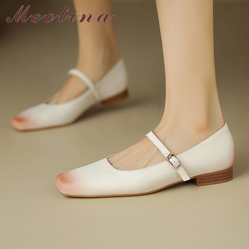 

Женские туфли на плоской подошве Meotina, повседневные туфли из натуральной кожи с квадратным носком, с пряжкой, абрикосового и бежевого цвета, весна-осень 40