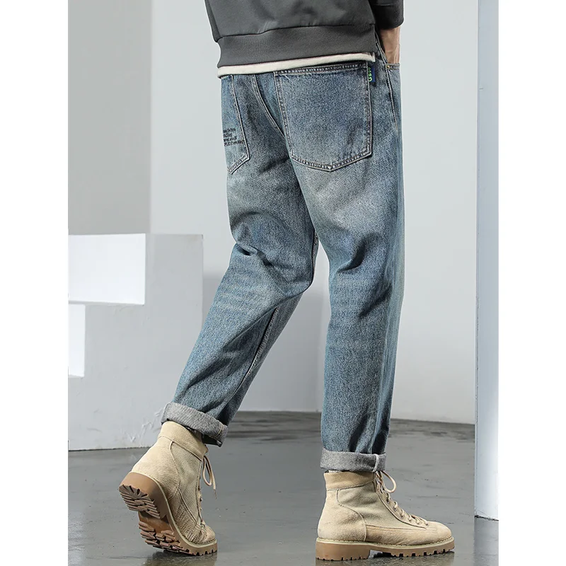 Streetwear Men 2022 New Pattern Vintage Recreational Blue Jeans Loose Broad Straight Cylinder Leg Trousers Autumn Female Trend