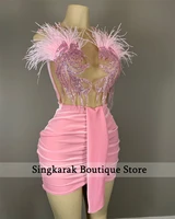 sexy pink short prom dresses 2022 crystal feathers illusion birthday party velvet mini cocktail homecoming gowns robe de bal