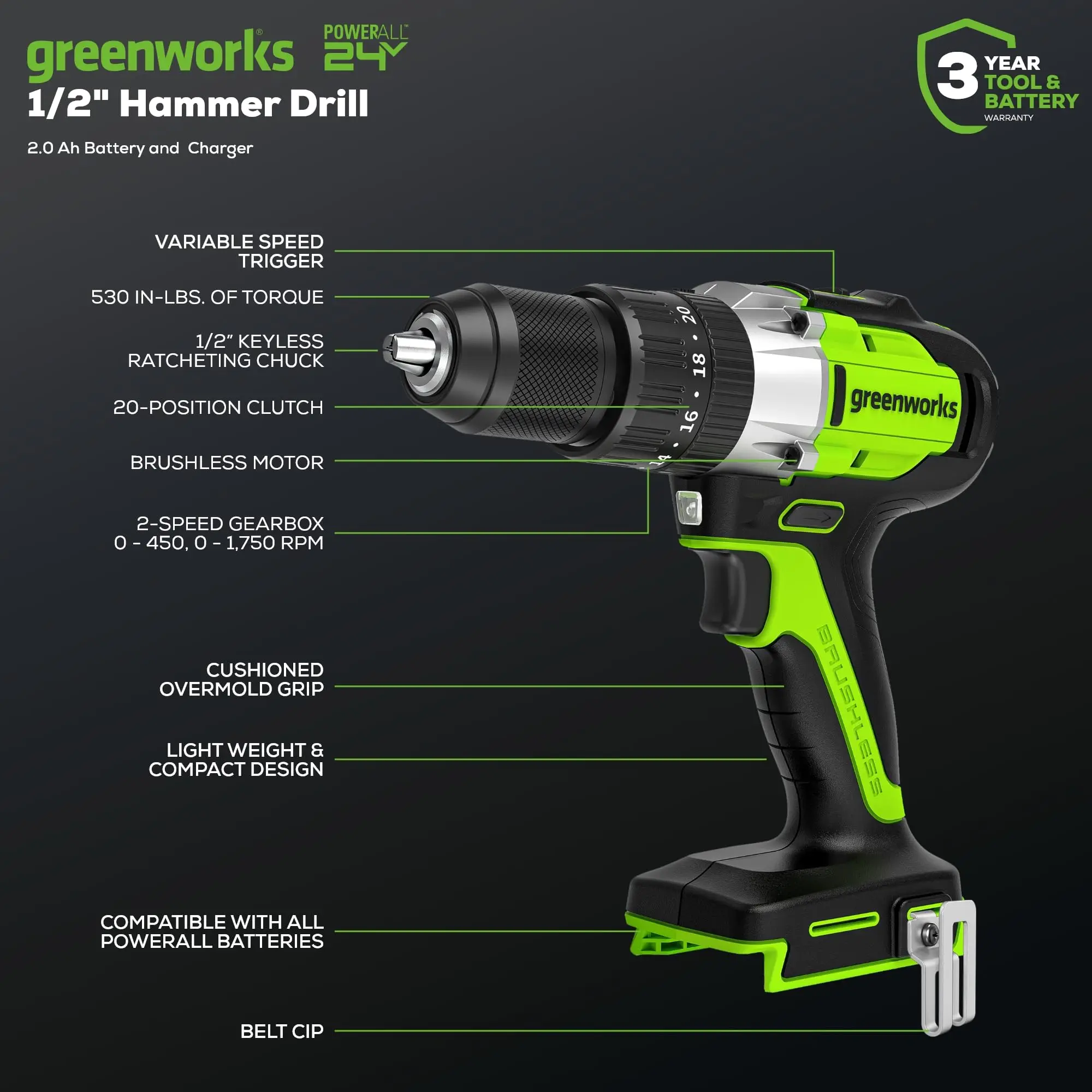 Фото Бесщеточная ударная дрель Greenworks 24 В длиной 1/2 дюйма (530 дюймов фунтов) Аккумулятор и зарядное устройство на 2,0 Ач в комплекте, DDG402 №1