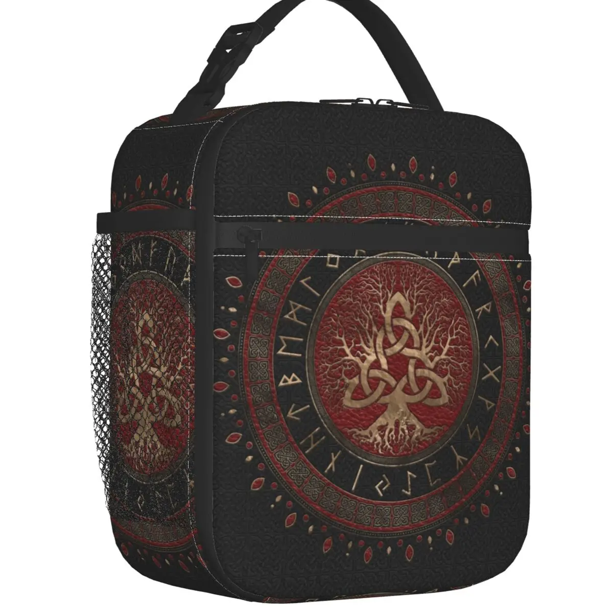 Tree Of Life With Triquetra Black Red Leather Insulated Lunch Bag Leakproof Viking Norse Yggdrasil Thermal Cooler Lunch Tote