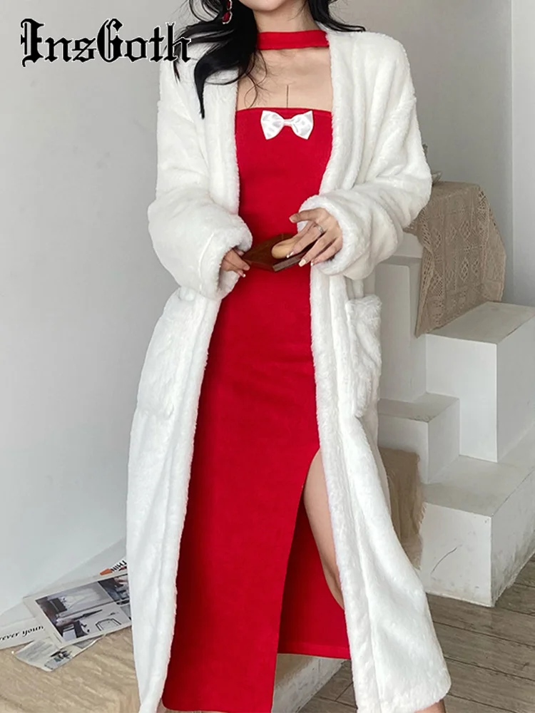 

InsGoth Christmas 2 Piece Dress Fur Coat Set Red Halter Dress With Cuff Bow Long Sleeve Winter Warm Long Faux Fur Coat Dress Set