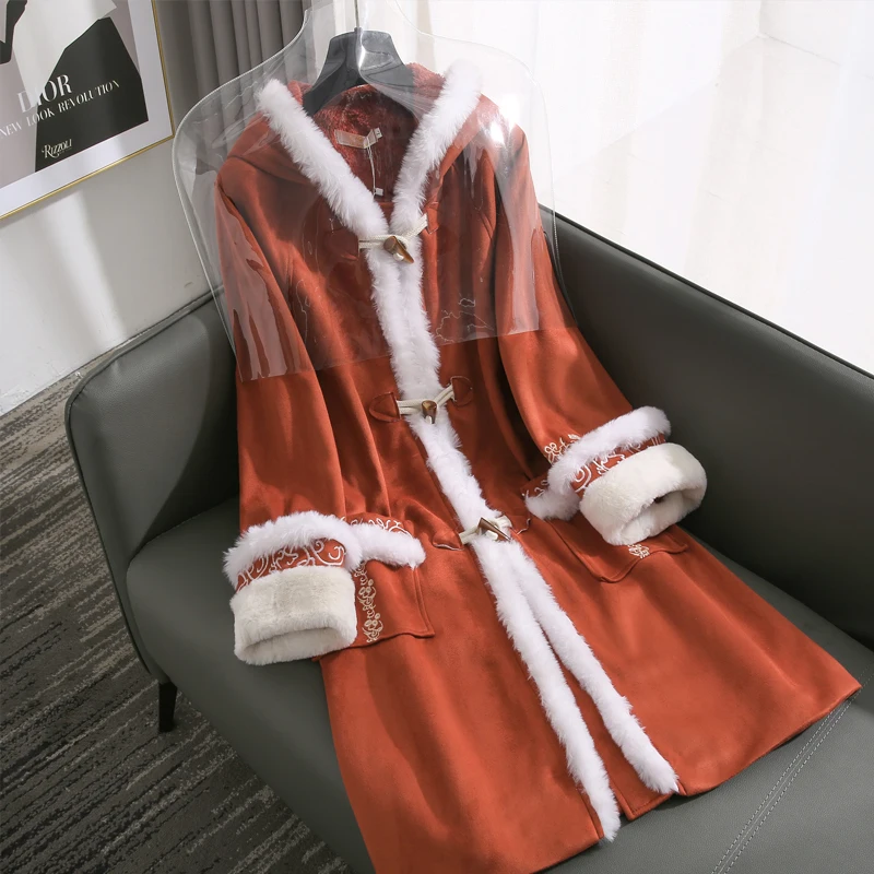 

Winter Coat Women's Chinese Style Cloak Thickened Cotton Padded Coat Mid-Length Coat Ethnic Style Hooded Loose Outer Wear