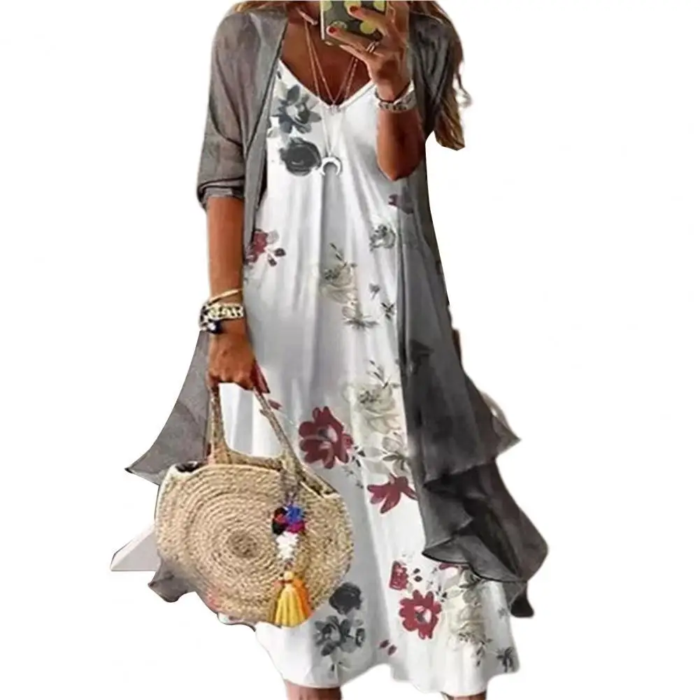 

1 Set Dress Women Summer Long Sleeve Mid-calf Length Polyester Comfortable Touch Women Dress with Shawl Coat for Outdoor