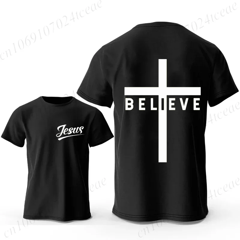 Фото Men's Fashion Summer T-shirts Believe Cross Jesus Creative Graphic Printed Tshirts Casual Short Sleeved T-shirt Christian Tops №1