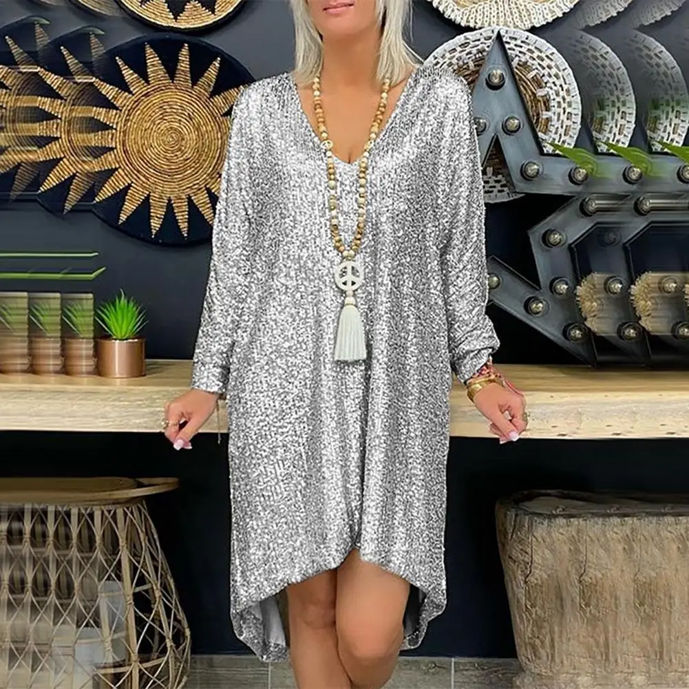 

Party Dress High-low Hem Loose Dress Shiny Sequins Plus Size Casual Dress