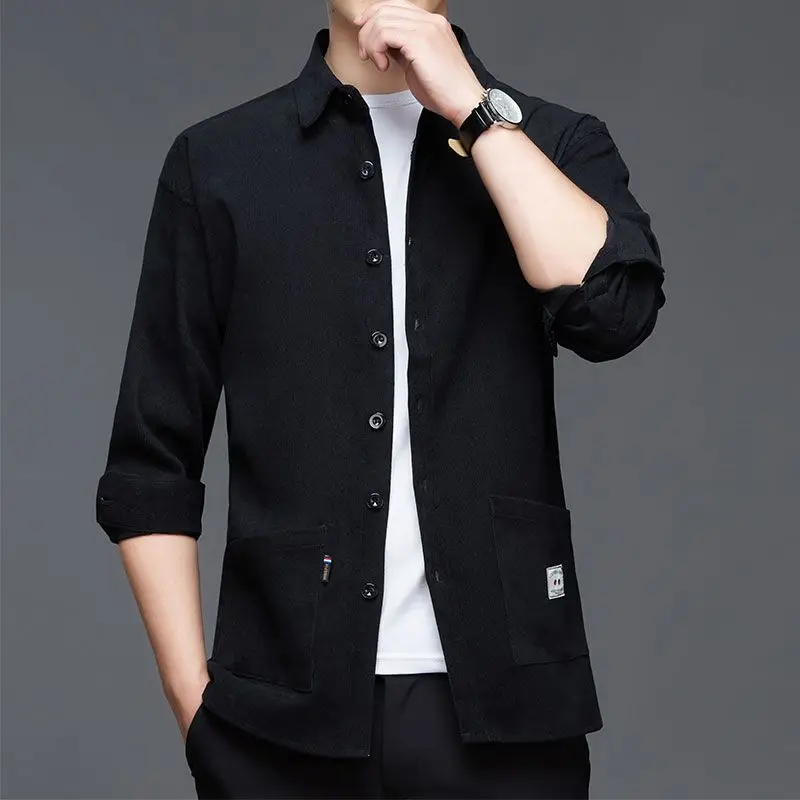 Stylish Solid Color Lapel Button Spliced Pockets Shirt Men's Clothing 2022 Autumn New Oversized Casual Tops Loose Korean Shirts