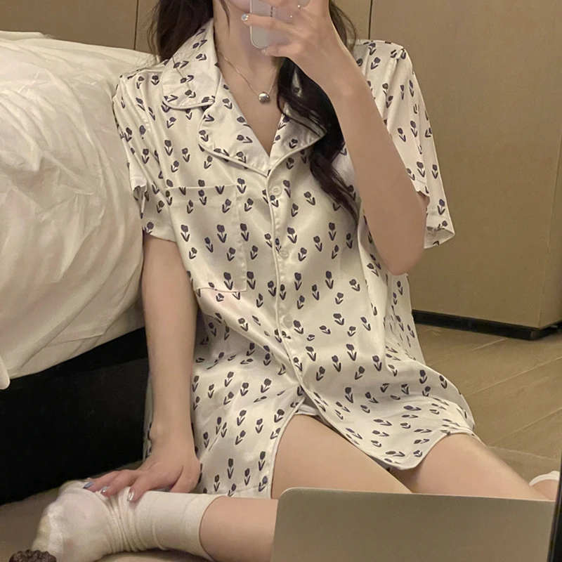 CAIYIER New Summer Stripe Women Sweet Pajamas Set Silk Short Sleeve Leisure Sleepwear Korean Girls Breathable Nightwear Homewear