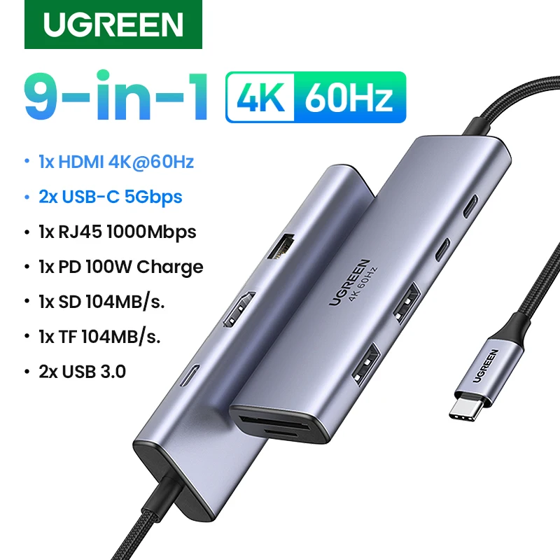 

USB-концентратор UGREEN 4K 60 Гц Тип C на HDMI 2,0 RJ45 PD 100 Вт, адаптер для Macbook Air Pro iPad Pro M2 M1, аксессуары для ПК, концентратор USB 3,0