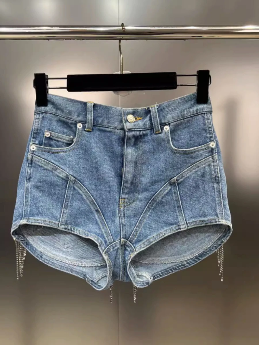 Summer Shorts Women's Heavy Diomand Tassel Pocket Slimming Patchwork Denim Shorts European Style Street Shorts Jeans High Street