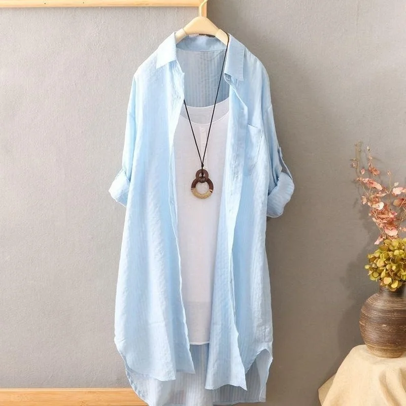 

Spring Summer Women's Blouse Shirt Long-Sleeve Mid-Length Loose White Shirts Coat Women Clothing Blusas Ropa Mujer Women E202