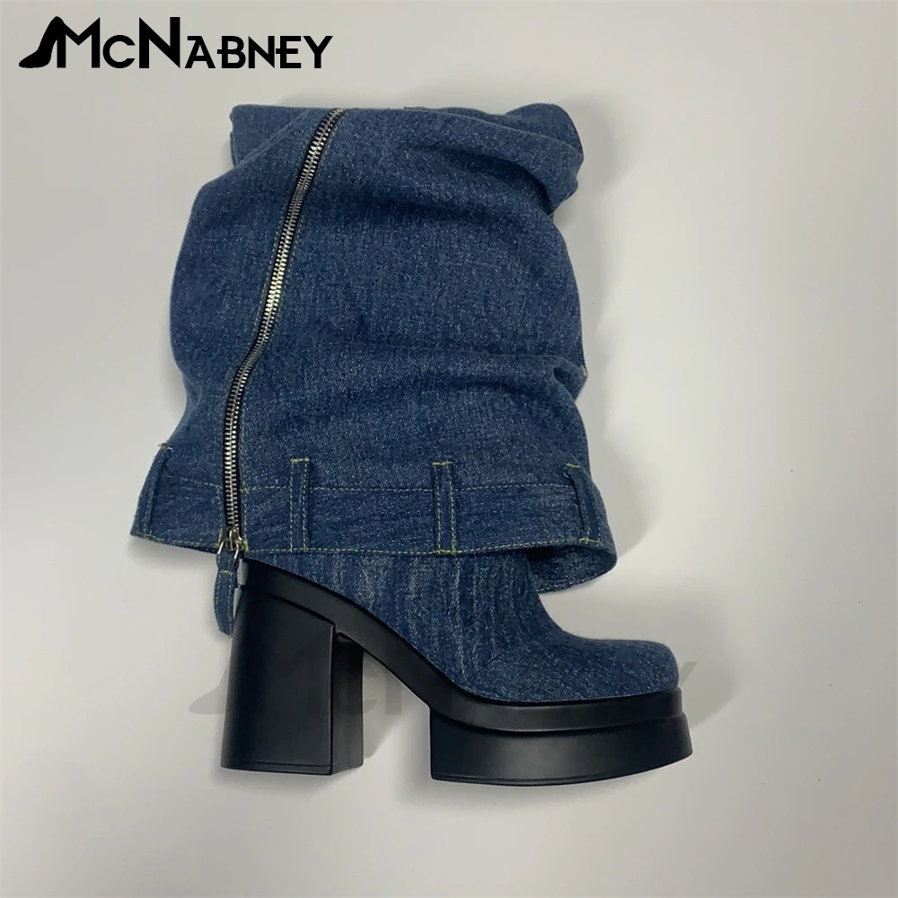 Denim Platform Biker Boots Chunky Heel Boots Metal Lock Boots Designer Style Knee High Fashion Zipper Jeans Design Women Boots
