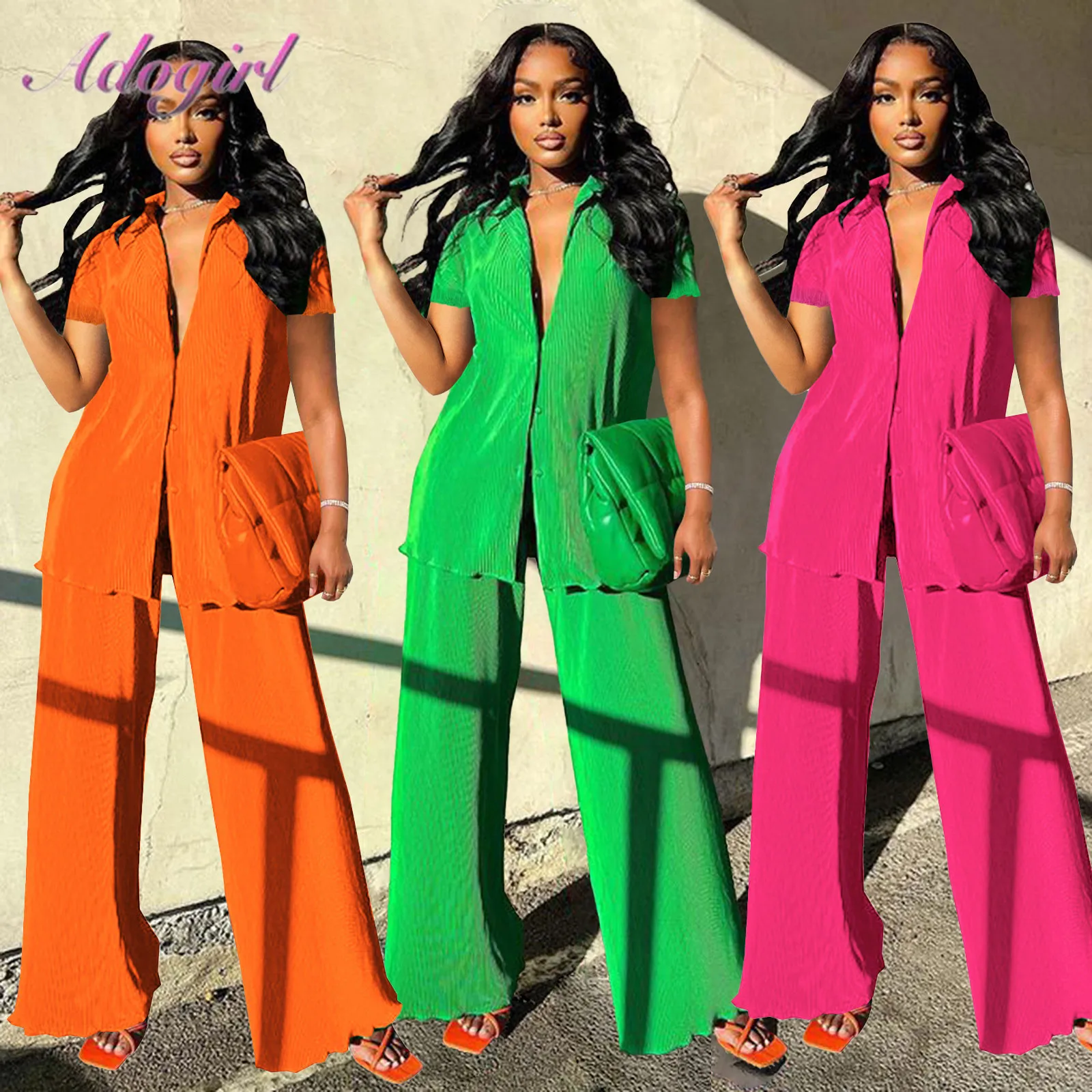 Solid Loose Pleated Two Piece Sets Women Sexy Single Breated Short Sleeve Shirt Top Wide Leg Jogger Pants Suit Outfits Tracksuit